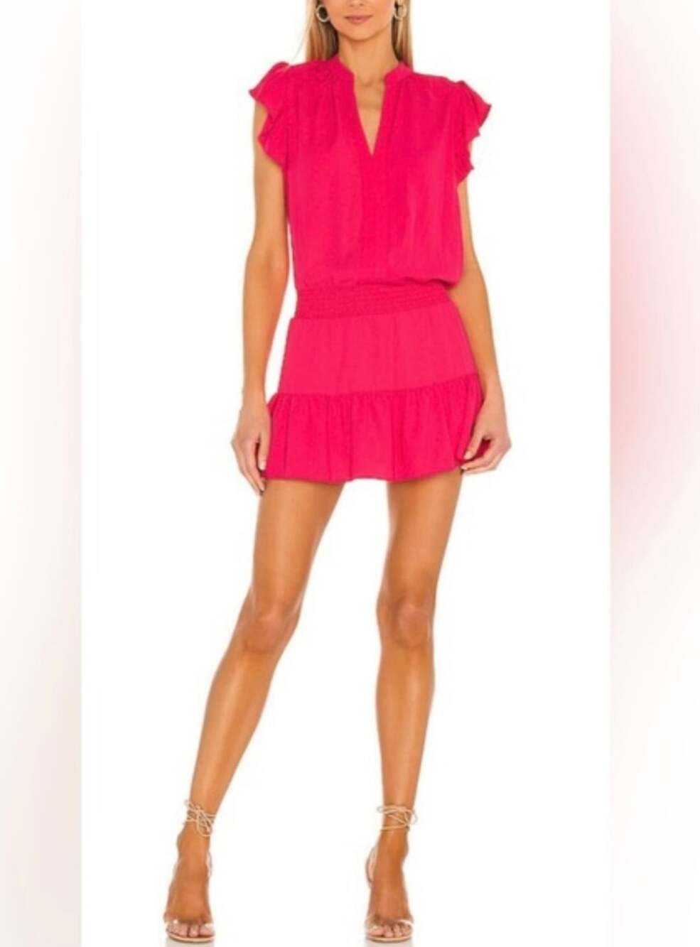 Amanda Uprichard Lela Smocked Waist Ruffle Sleeve V-Neck Hot Pink Romper
